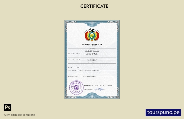 listo para imprimir plantilla PSD de certificado de defunción de Bolivia